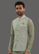 Pista Green Nehru Jacket Set In Cotton Silk With Lucknowi Work